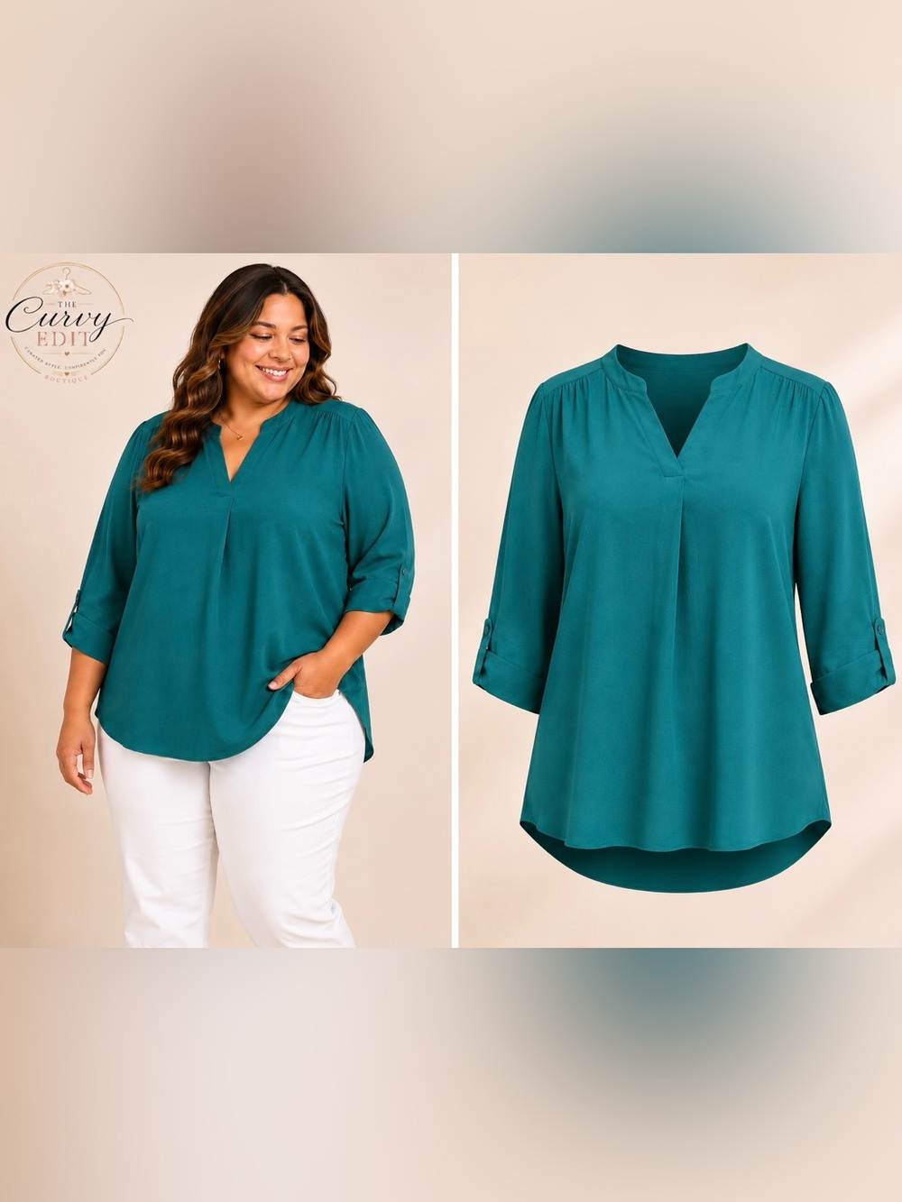 EUC Worthington Tab Sleeve Teal V-Neck Top 1x